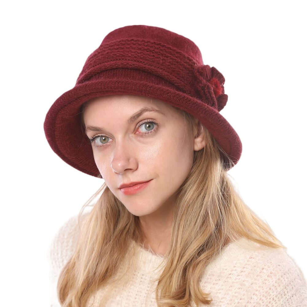 3561 Winter Warm Knitted Cloche Hat Vintage Church Bucket Hat with Flower